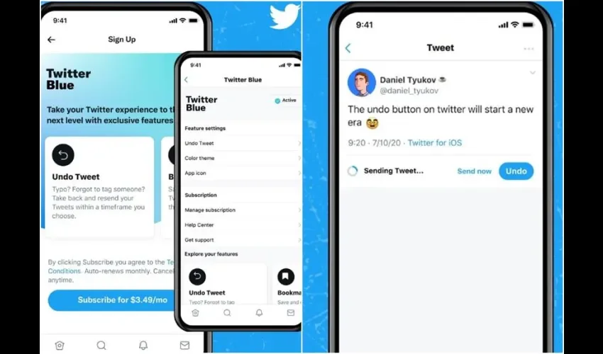 Composición de fotografía divulgadas por Twitter donde se muestran algunas de las modalidades del Twitter Blue, la versión pagada de la red social. Foto: EFE. 